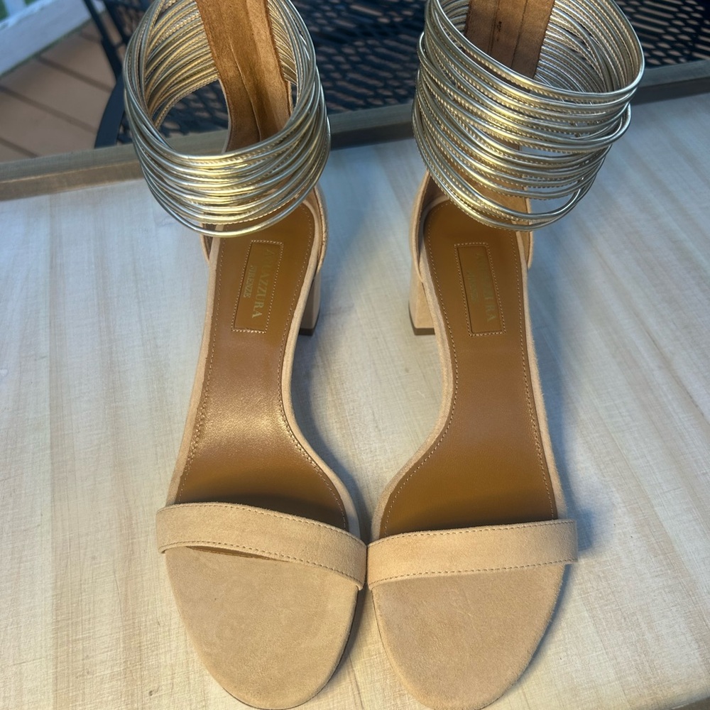 Aquazzura Beige and Gold Strappy Heels